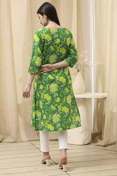 Green Cotton Floral Straight Kurta image number 4