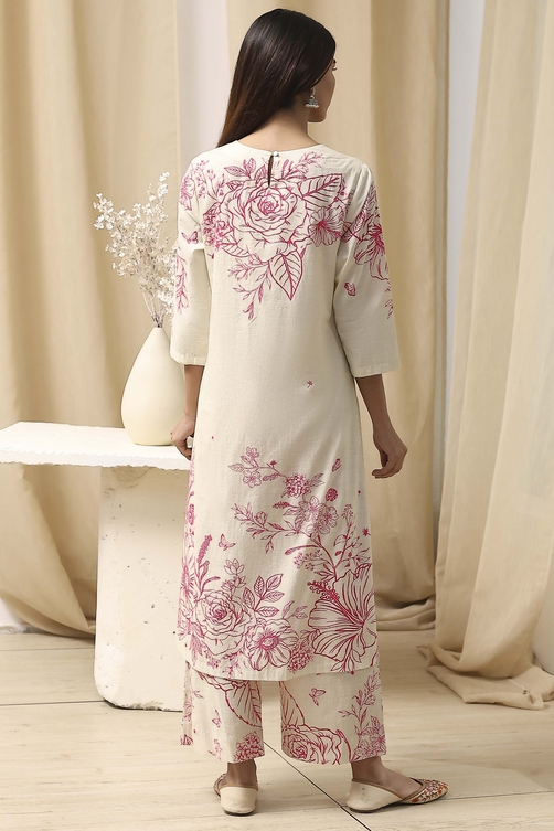 Off-White and Blue Cotton Straight Suit Set image number 4