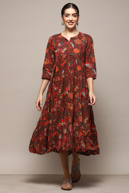 Green & Maroon Cotton Flared Printed Dress image number 5