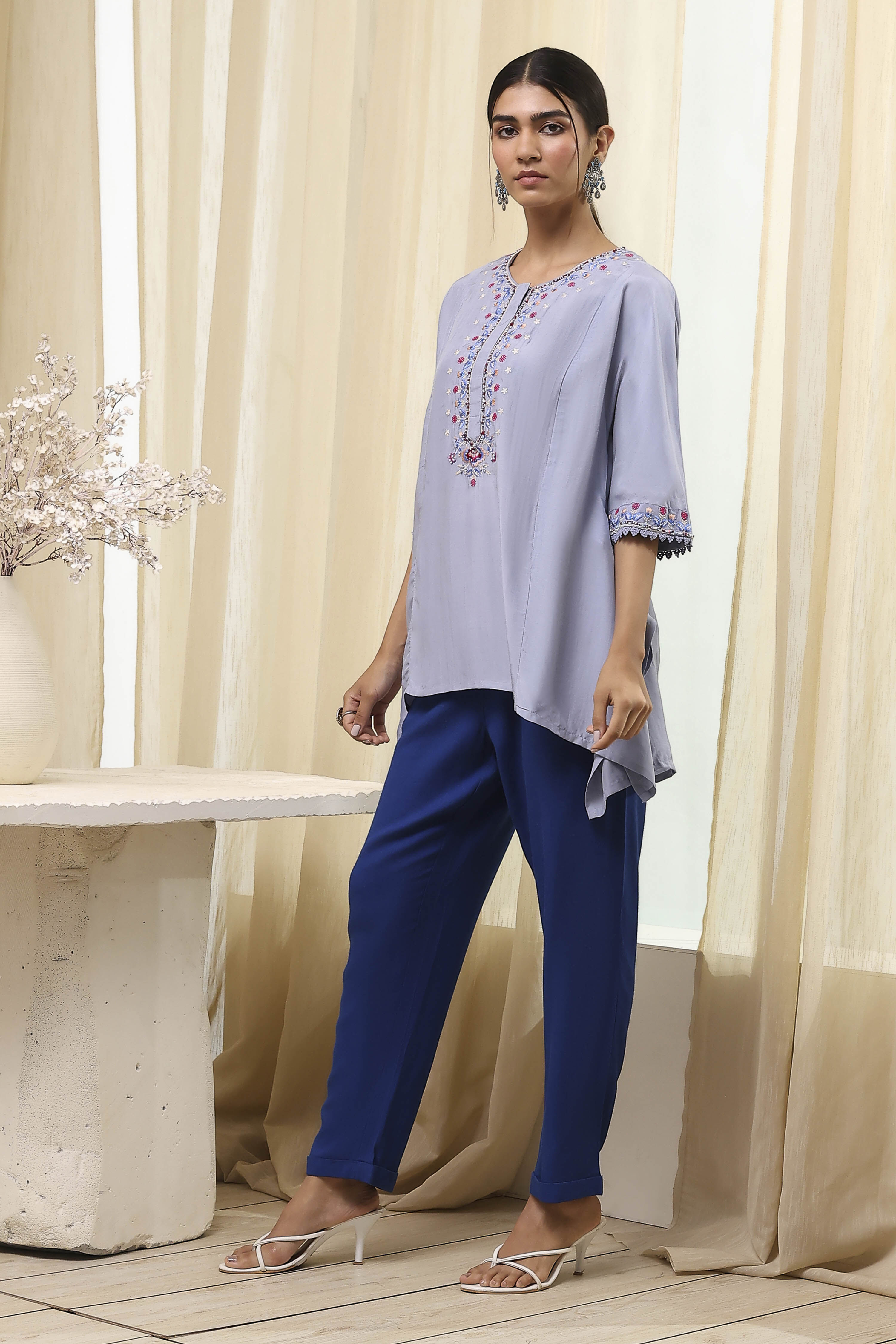 Dull Blue Modal Blend Asymmetric Short Kurta image number 2