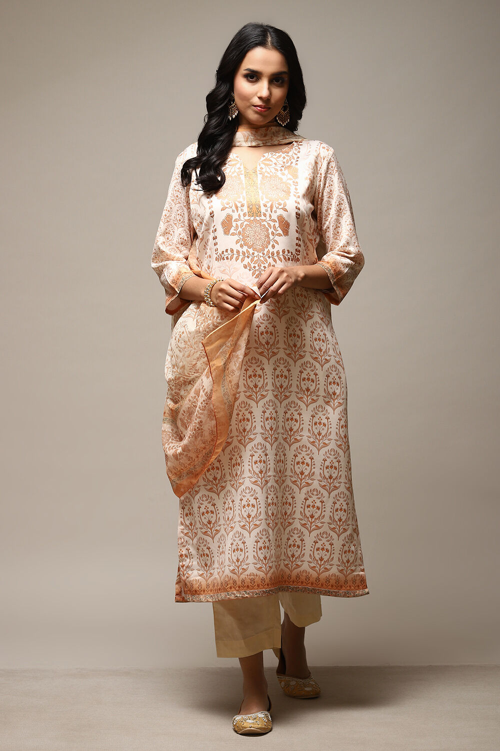 Beige Cotton Screen Print Unstitched Suit Set image number 14