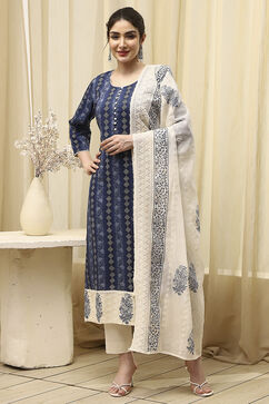 Navy Blue Cotton Handloom Unstitched Suit Set image number 1