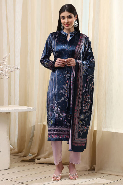Petrol Blue Polyester Straight Printed Kurta Slim Pant Suit Set image number 6