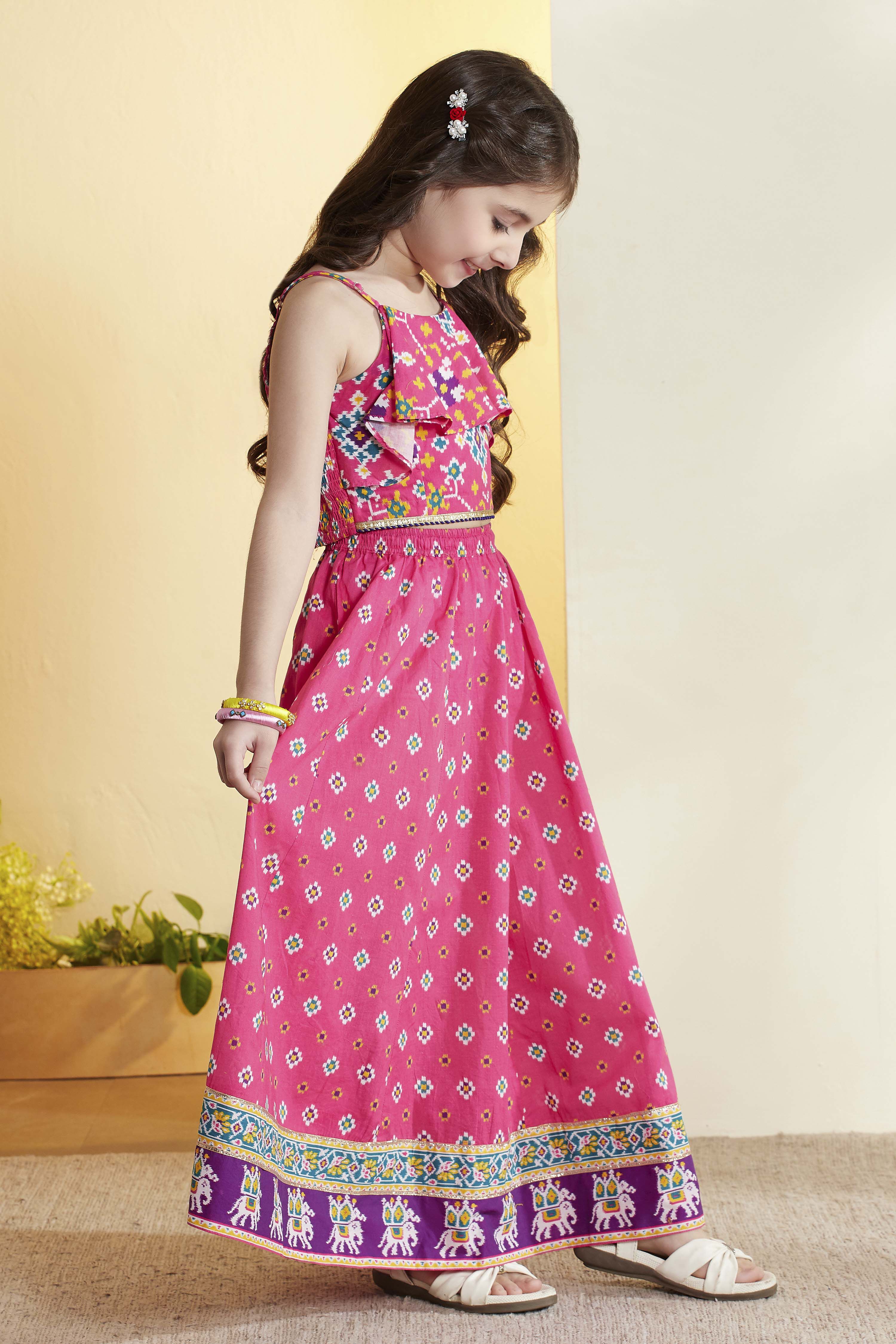 Pink Printed Cotton Lehenga Set image number 4
