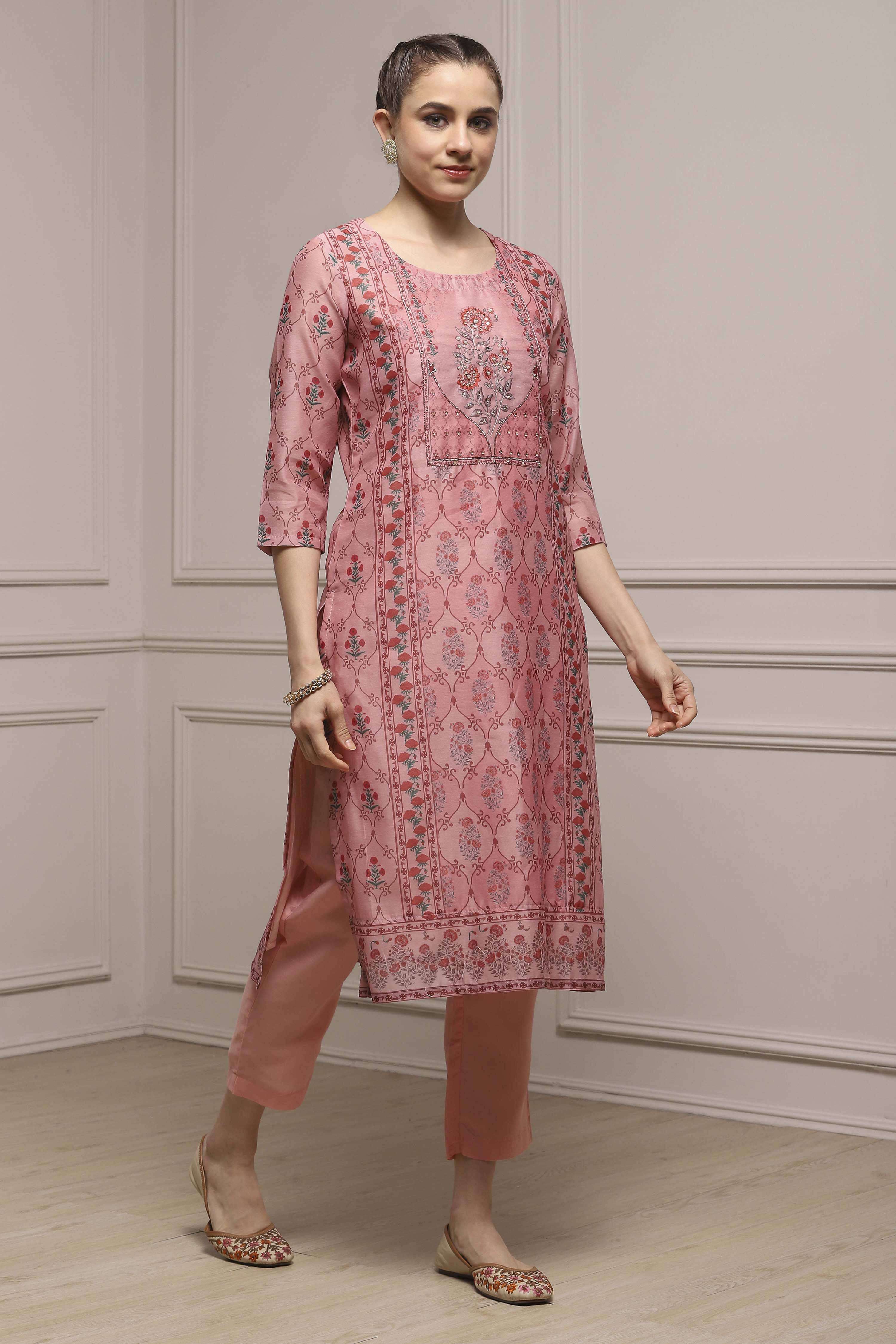Pink Chanderi Blend Printed Embroidered Unstitched Suit Set image number 6