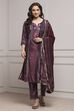 Plum Velvet Printed Straight Winter Suit Set image number 6