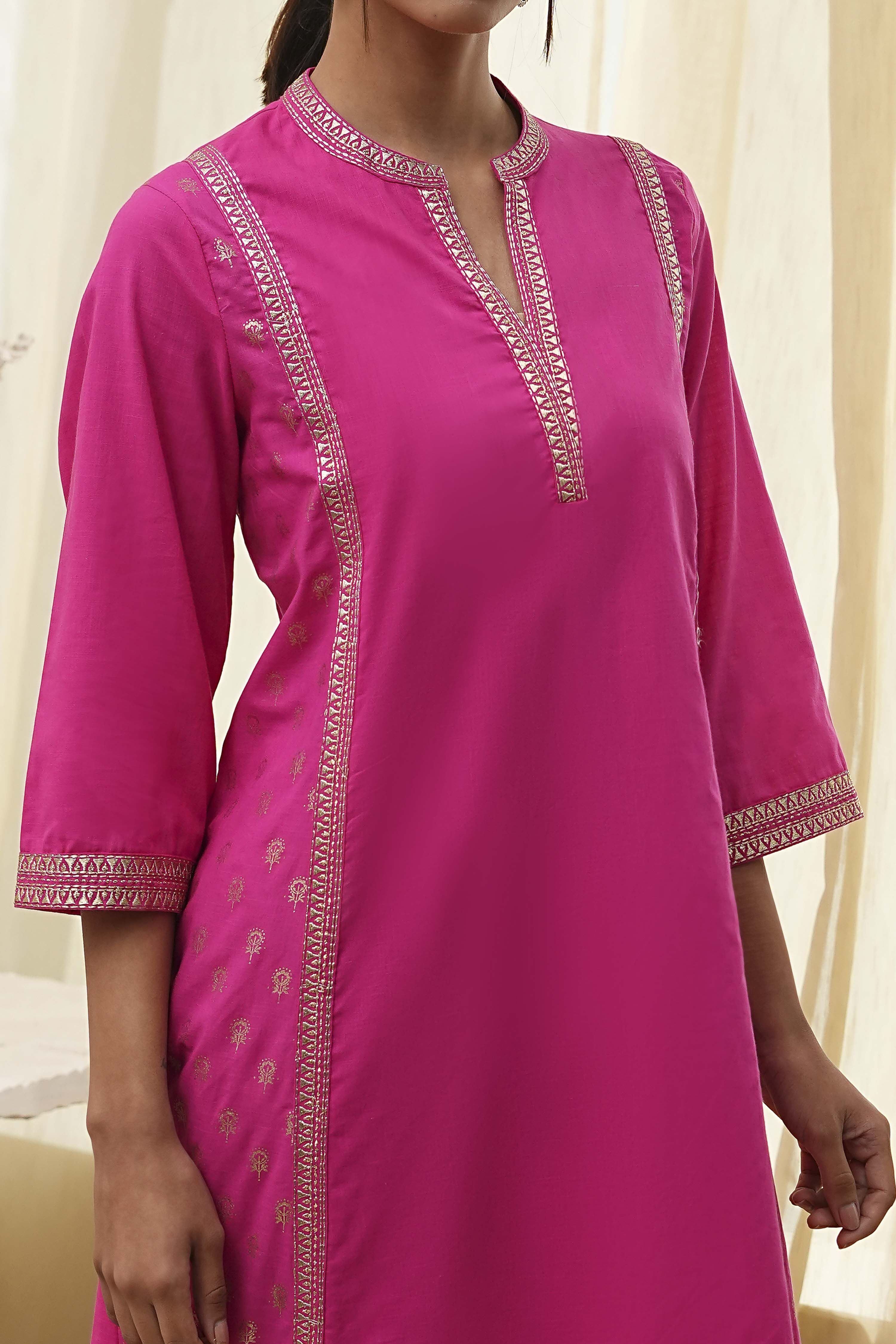 Fuchsia Cotton Printed A-Line Kurta image number 1