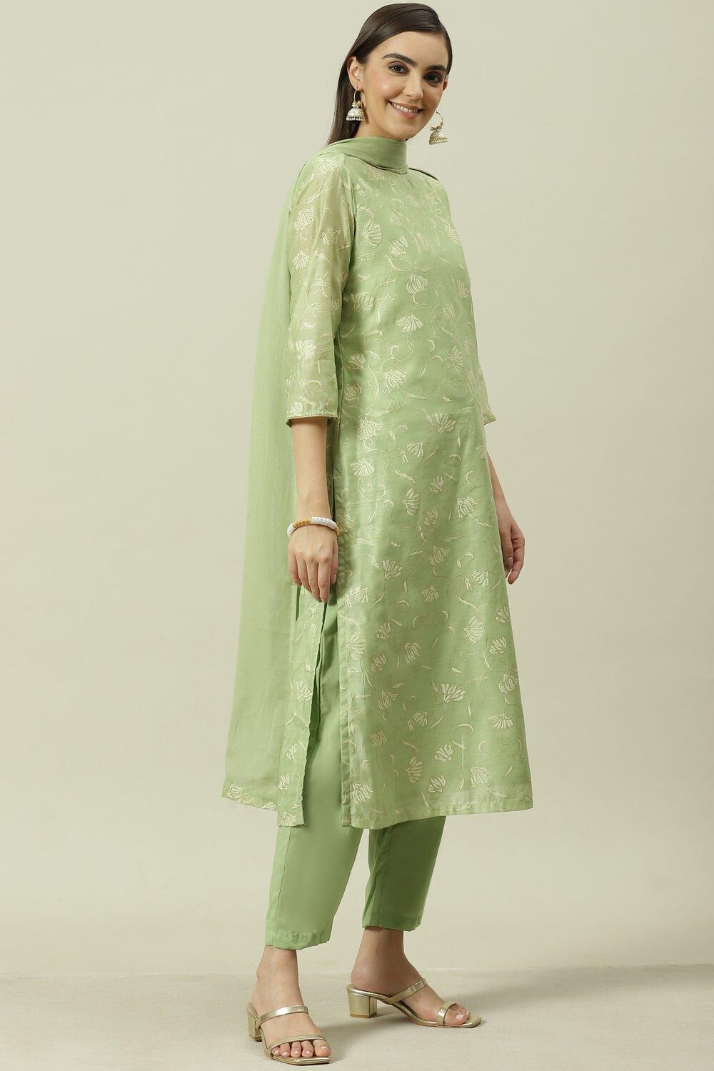 Sage Green Printed Straight Kurta Regular Pants Suit Set image number 6