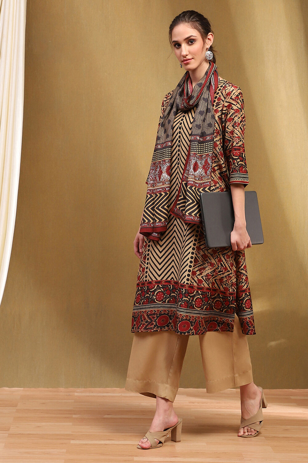 Blue Modal Geometric Printed Straight Suit Set image number 0