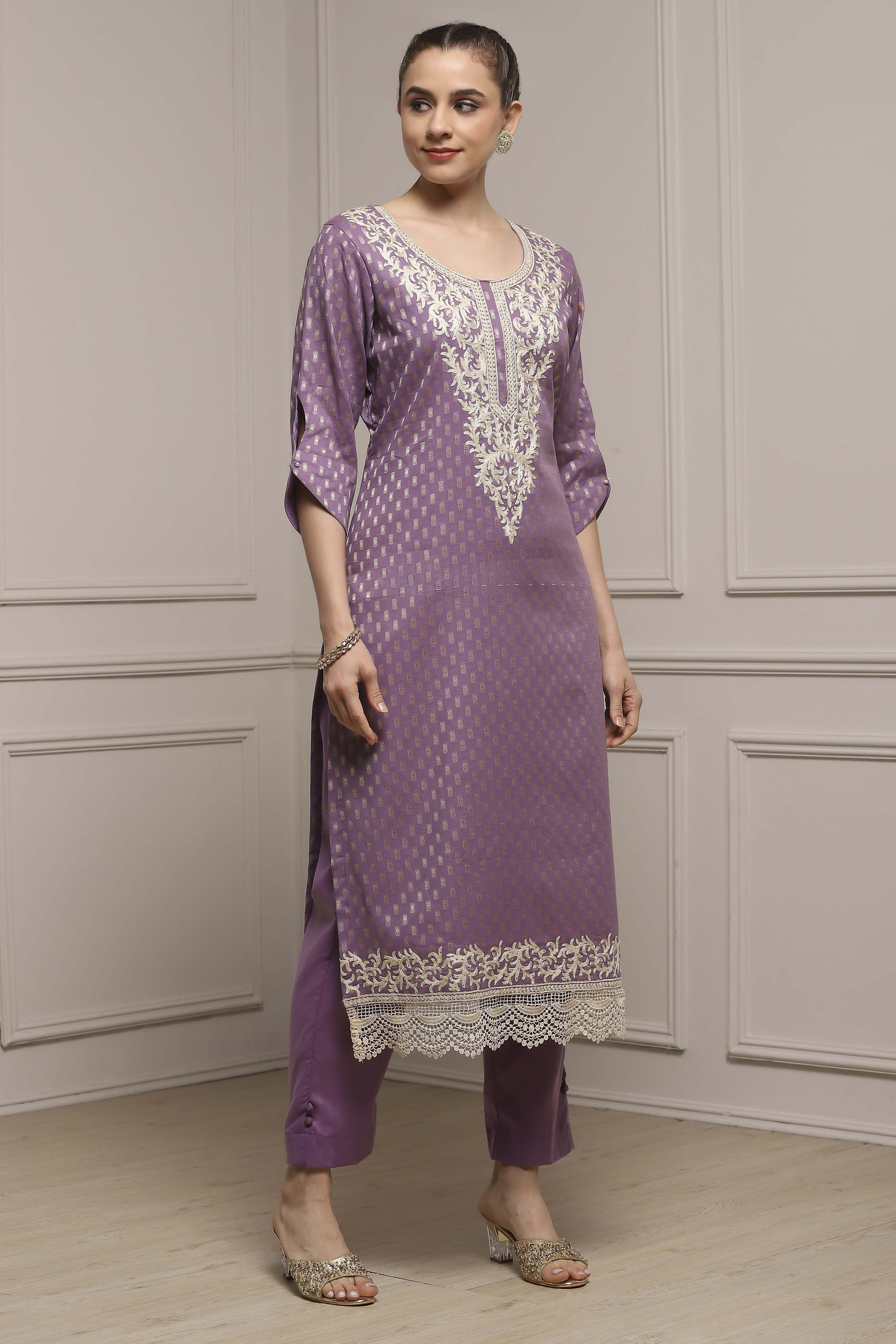 Peach Cotton Blend Thread Embroidered Unstitched Suit Set image number 6