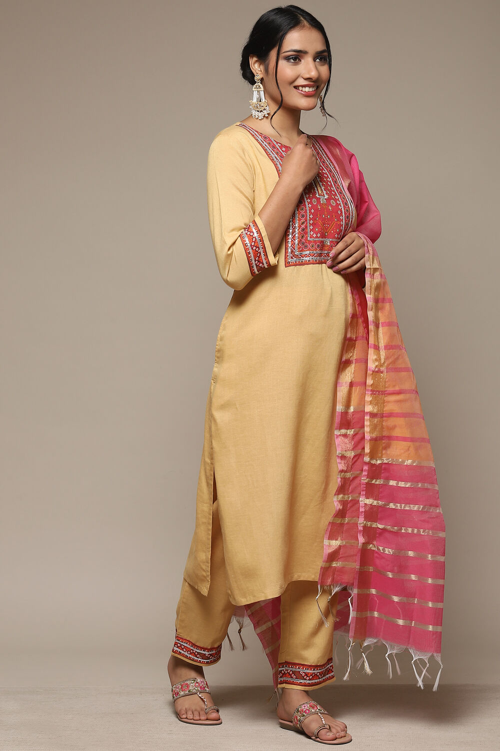 Beige Rayon Straight Kurta Pant Suit Set image number 6