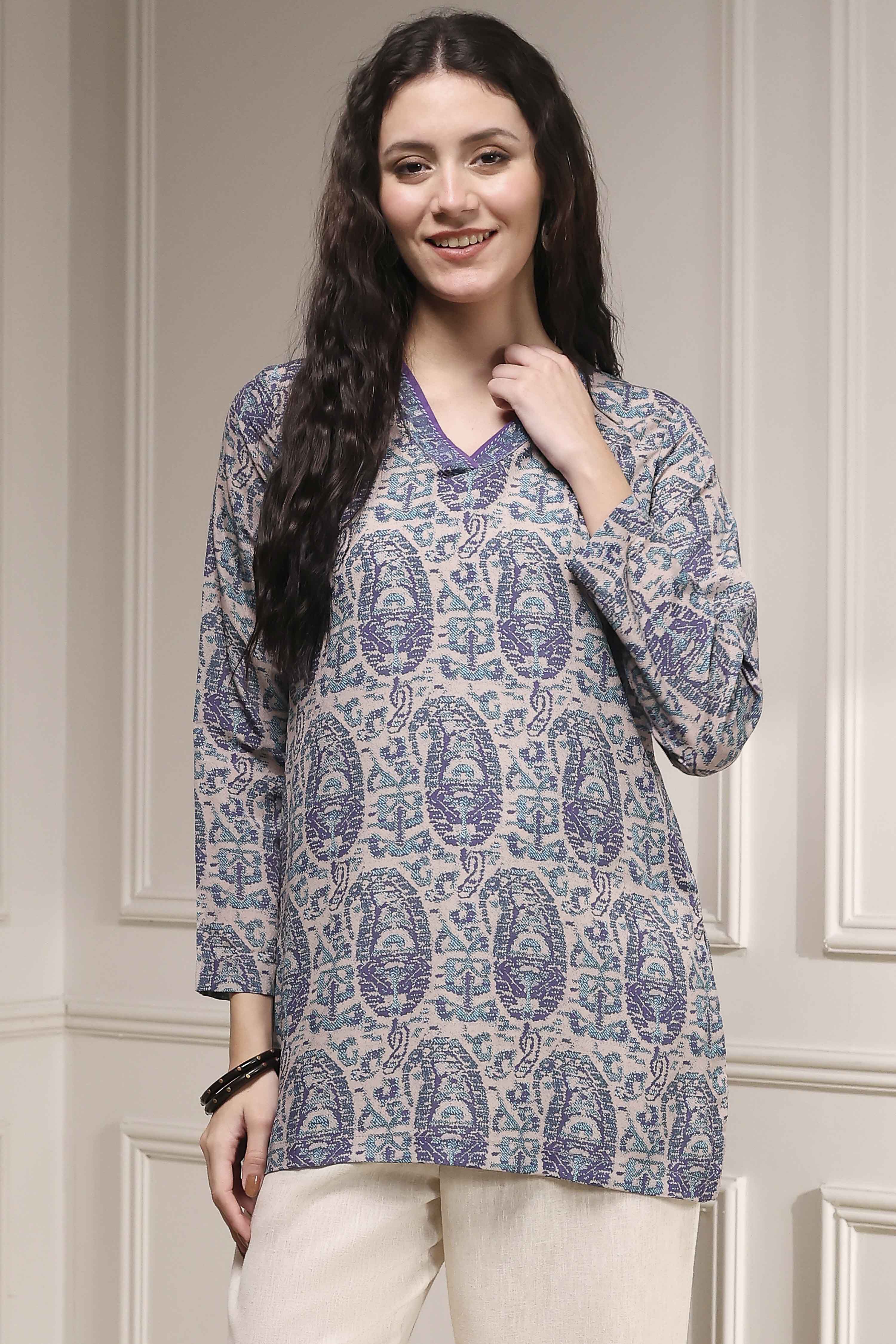 Off-White and Blue Printed Straight Short Kurta image number 5
