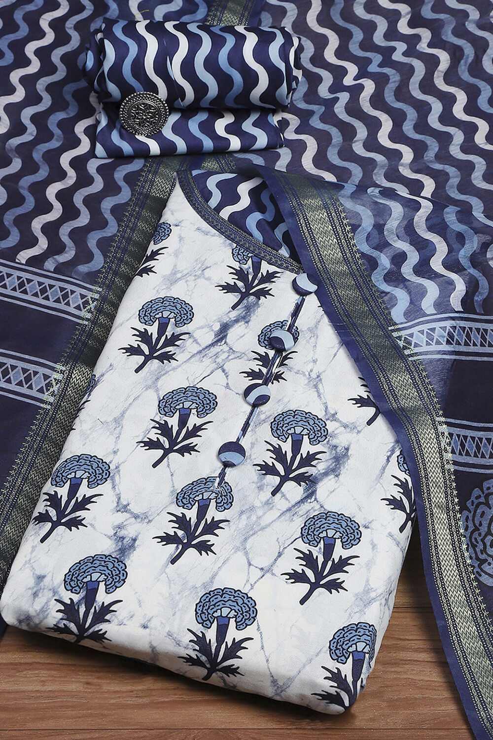 Indigo Cotton Modal Digital Print Unstitched Suit Set image number 0