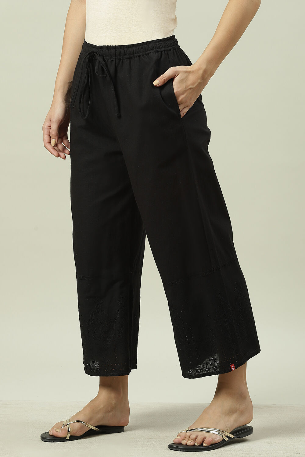 Off White Cotton Solid Palazzo image number 3