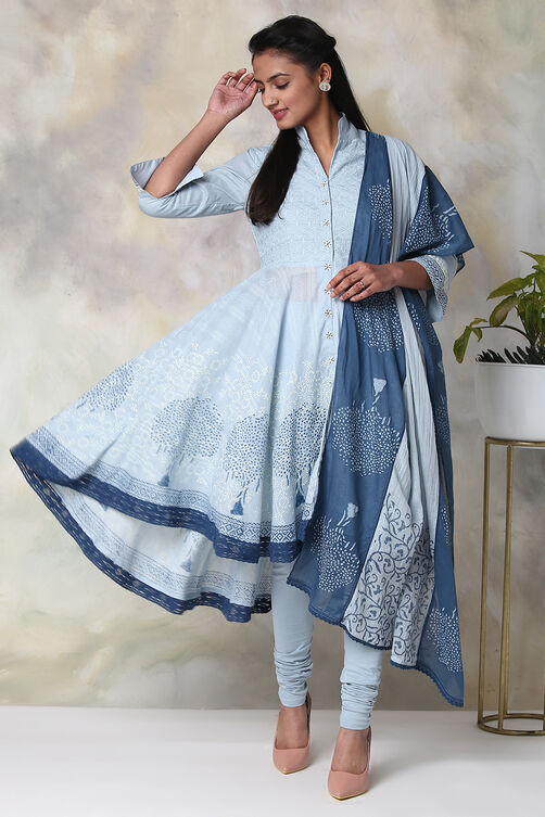 Light Purple Cotton Asymmetric Kurta Churidar Suit Set image number 5