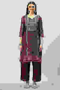 Wine Cotton Straight Kurta Slim Pants Suit Set image number 8