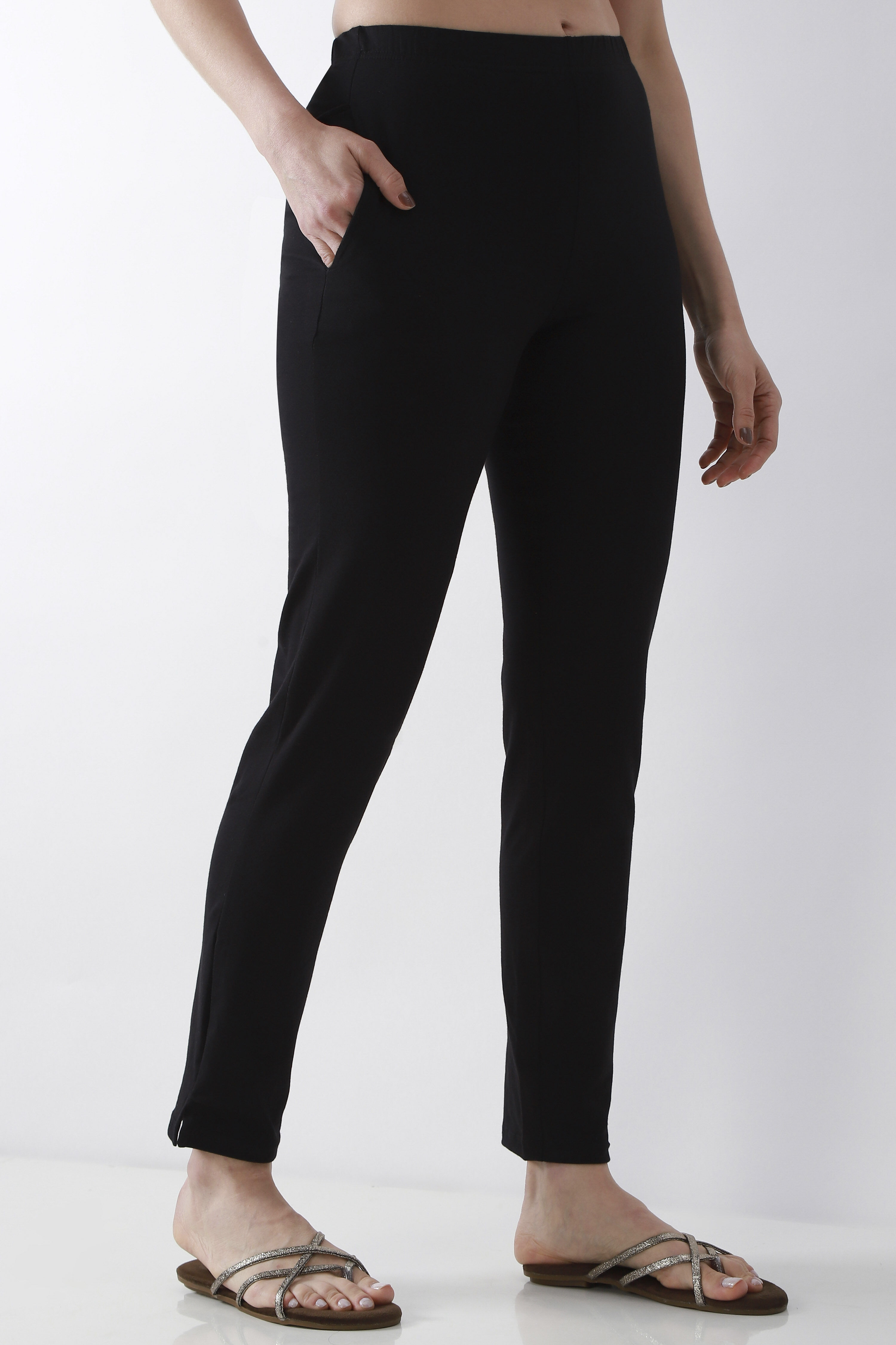 Navy Blue Solid Cotton Lycra Straight Pants image number 3