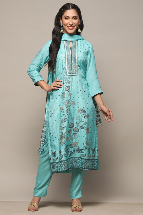 Blue Chanderi Unstitched Suit Set image number 8