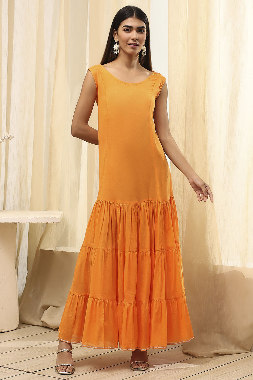 Orange Poly Chanderi Layered Tiered Dress image number 2
