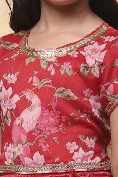 Red Floral Printed Flared Festive Lehenga Set image number 1
