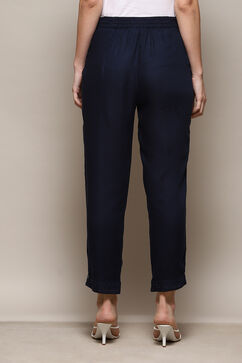 Navy Viscose Slim Solid Pants image number 4