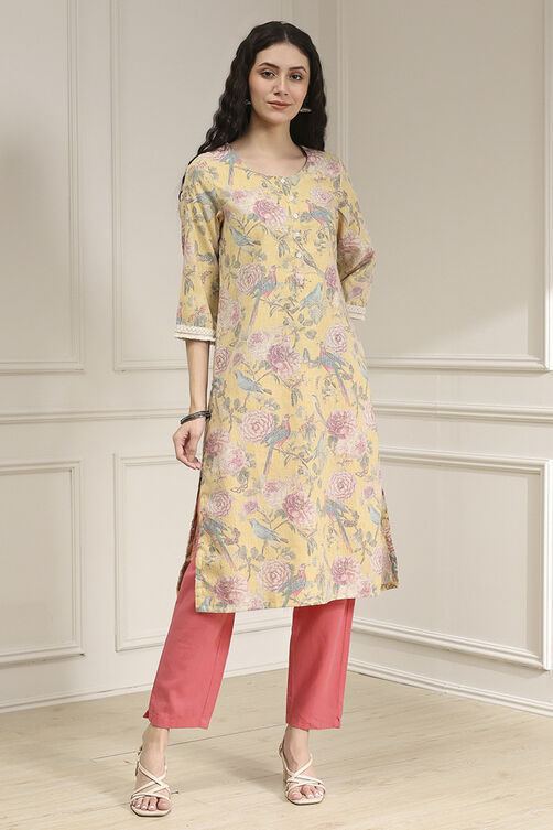 Yellow Cotton Blend Printed Straight Kurta image number 5