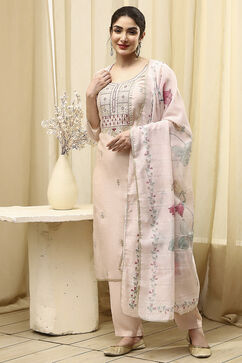 Beige Cotton Blend Machine Embroidered Unstitched Suit Set image number 7