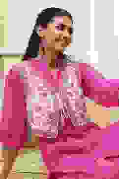 Pink and White Cotton Pathani Straight Kurta Set image number 7