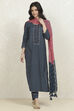 Navy Blue Cotton Printed Unstitched Suit Set image number 1