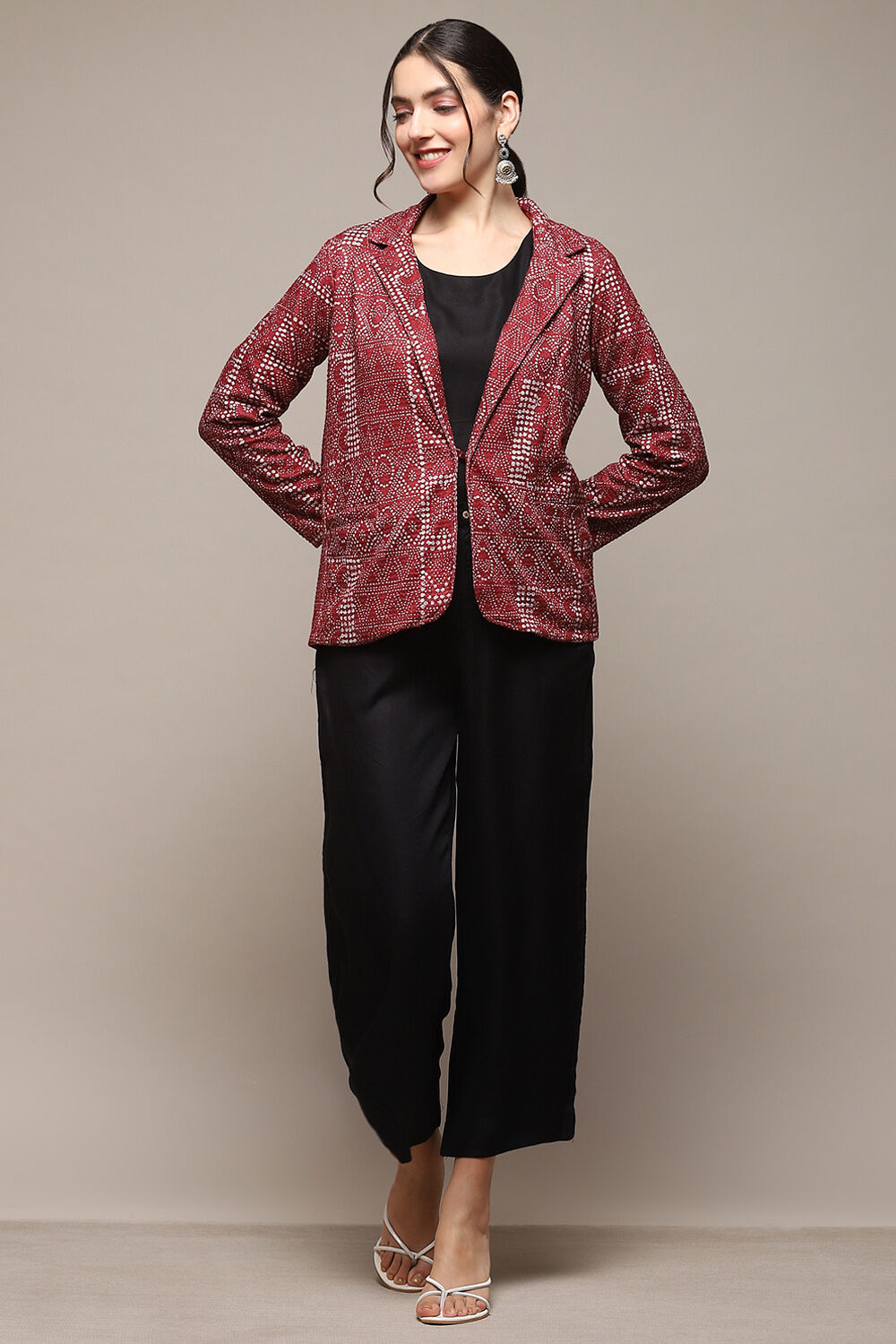 Maroon Poly Spandex Printed Jacket image number 0