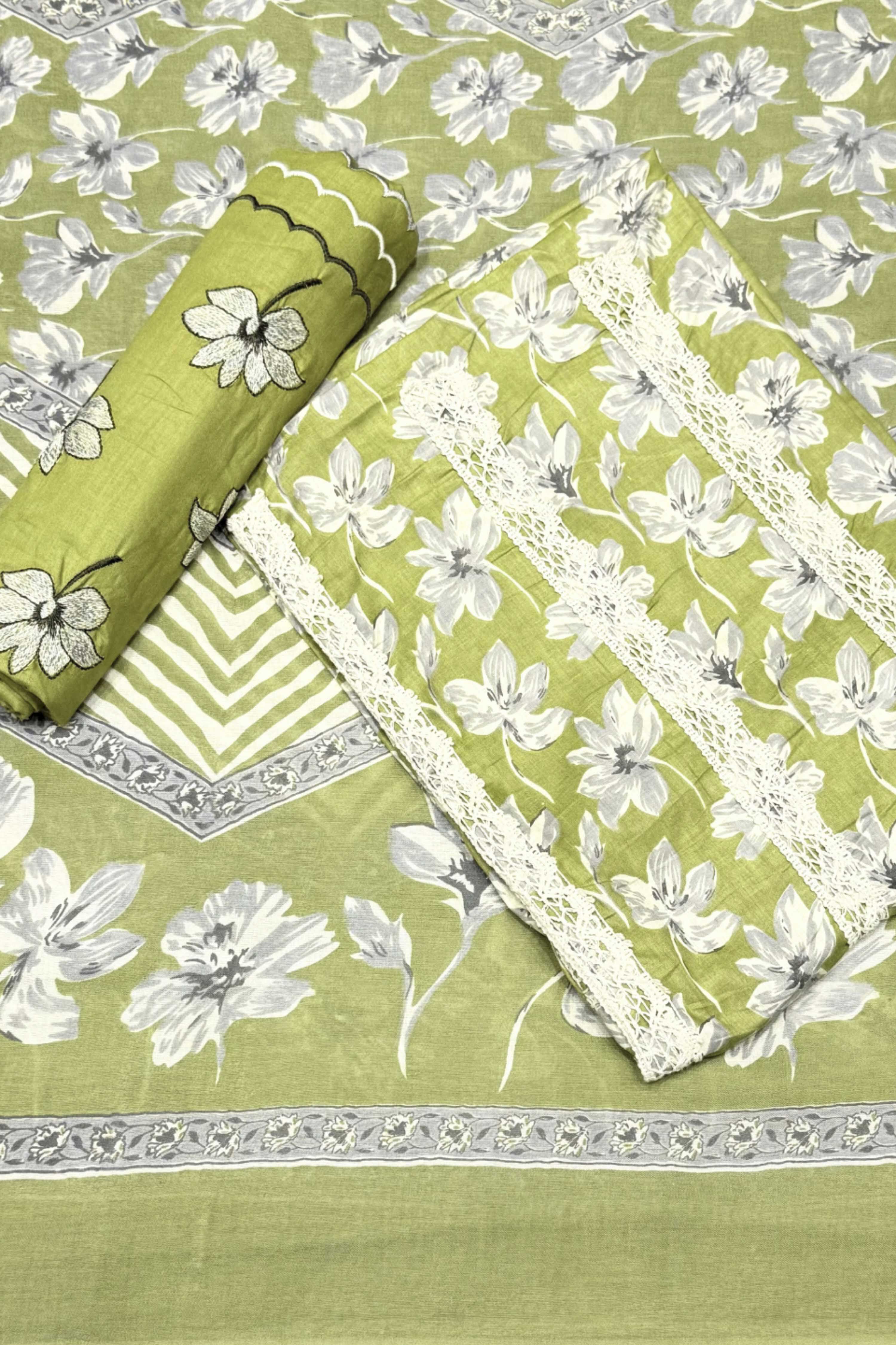Green Cotton Printed Unstitched Suit Set image number 0