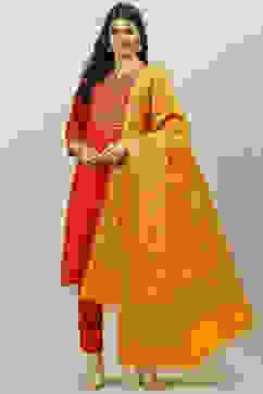 Terracotta Poly Cotton Straight Kurta Slim Pant Suit Set image number 0