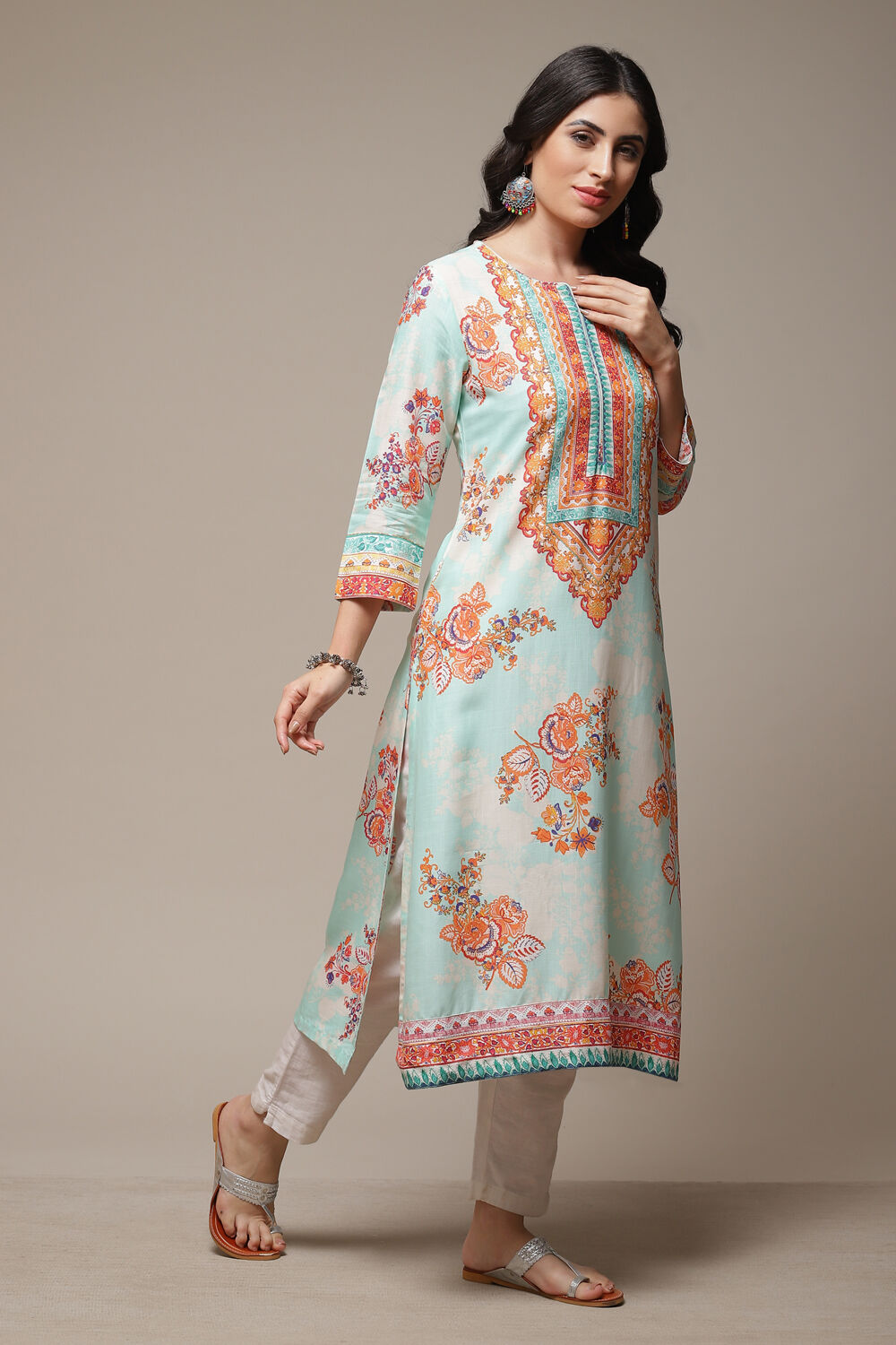 Sky Blue Printed Straight Kurta image number 4