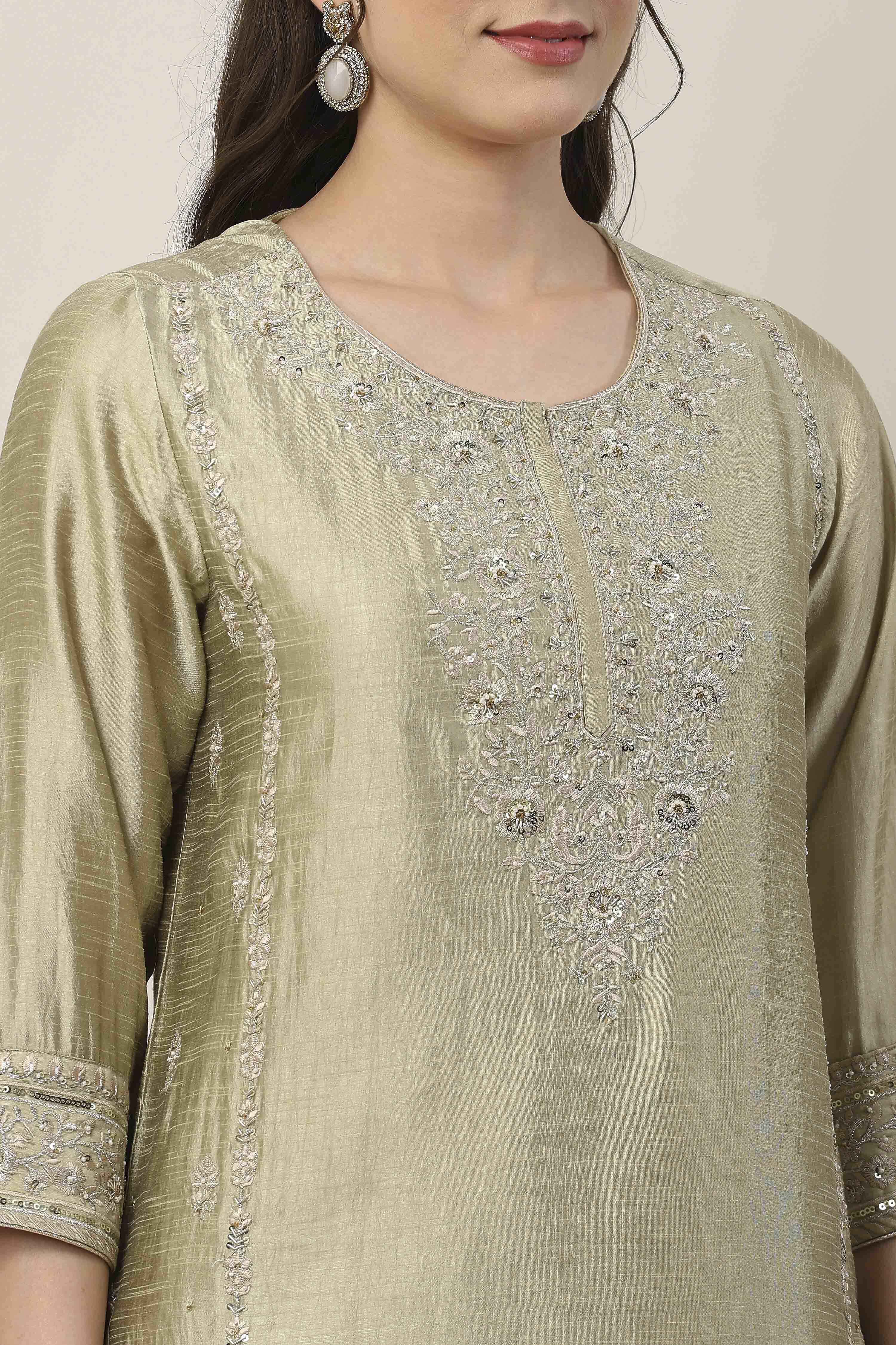 Green Poly Viscose Straight Suit Set image number 1