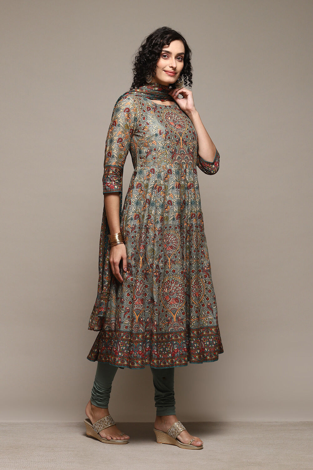 Sap Green Cotton Anarkali Kurta Churidar Suit Set image number 6
