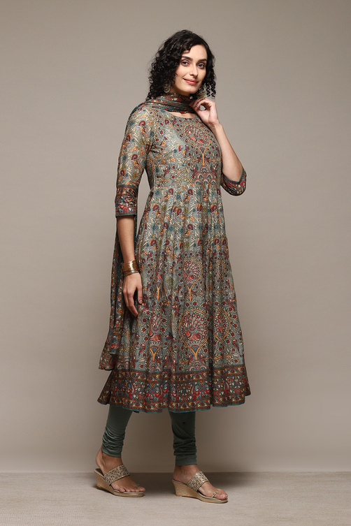Sap Green Cotton Anarkali Kurta Churidar Suit Set image number 6