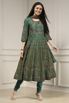 Teal Green Cotton Anarkali Printed Lehenga Set image number 5