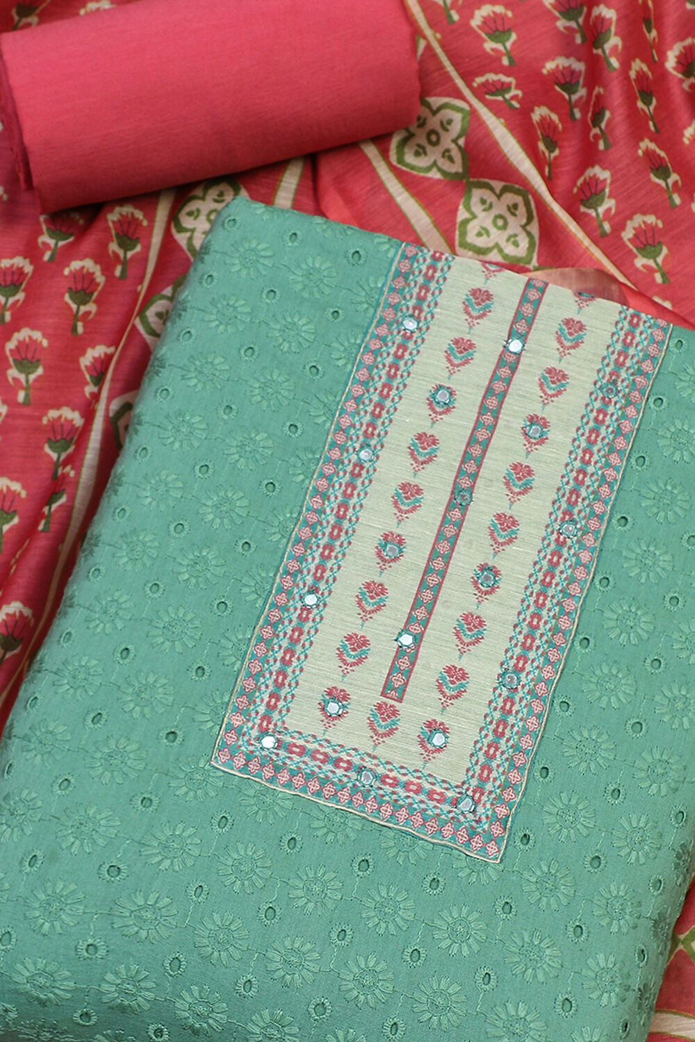 Aqua Cotton Handloom Unstitched Suit Set image number 1
