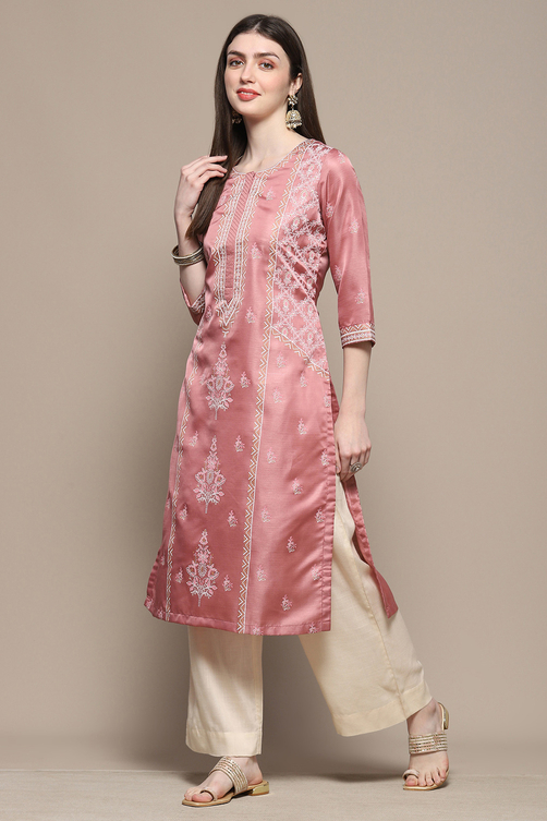 Dusty Pink Printed Straight Kurta image number 2