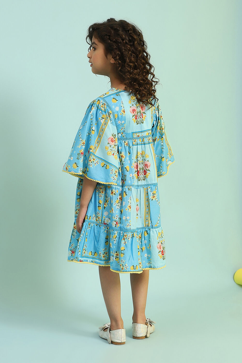 Sky Blue Cotton Printed Tiered Dress image number 3