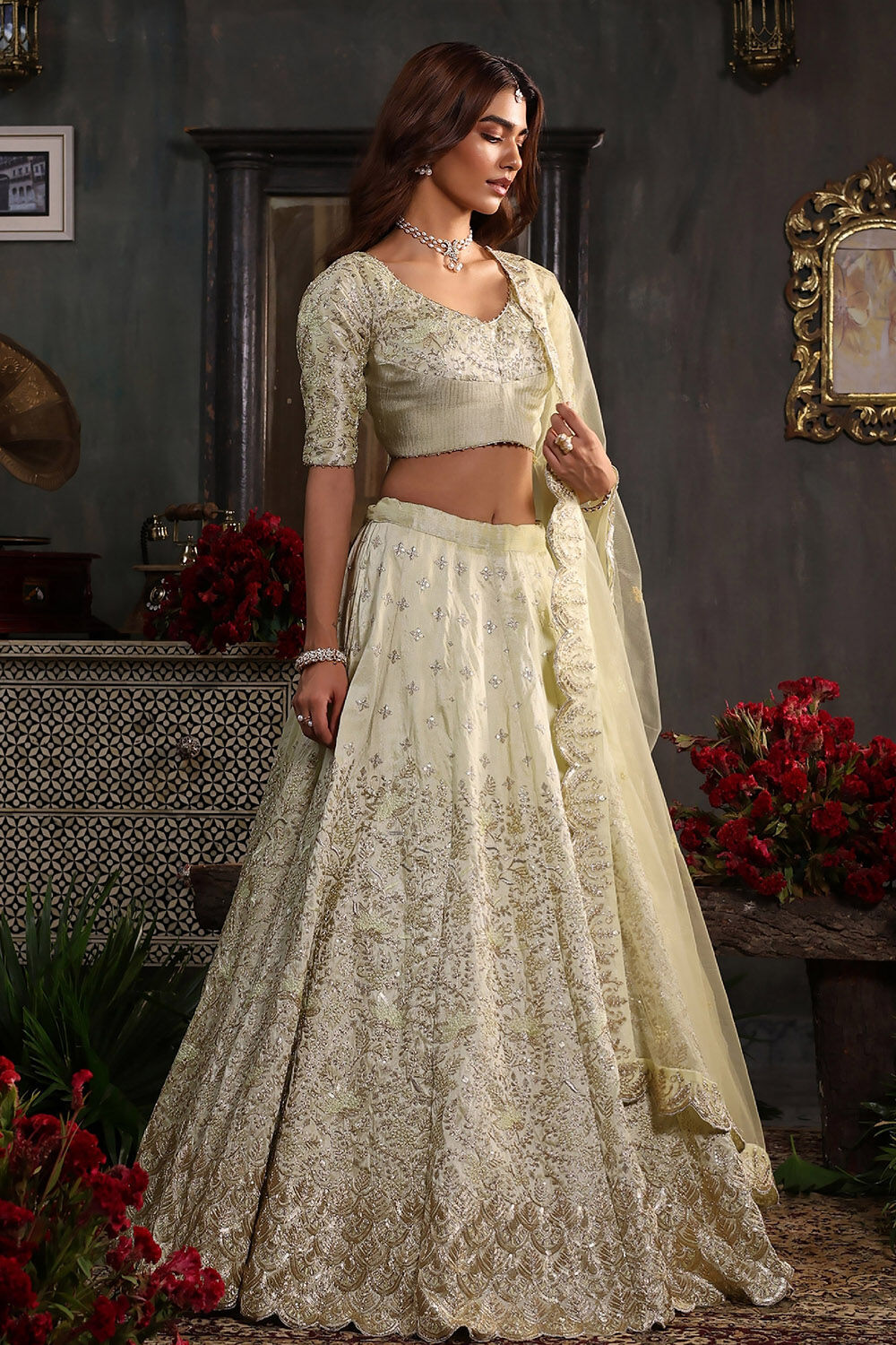 Mint Green Zari Embroidered Lehenga Set image number 4