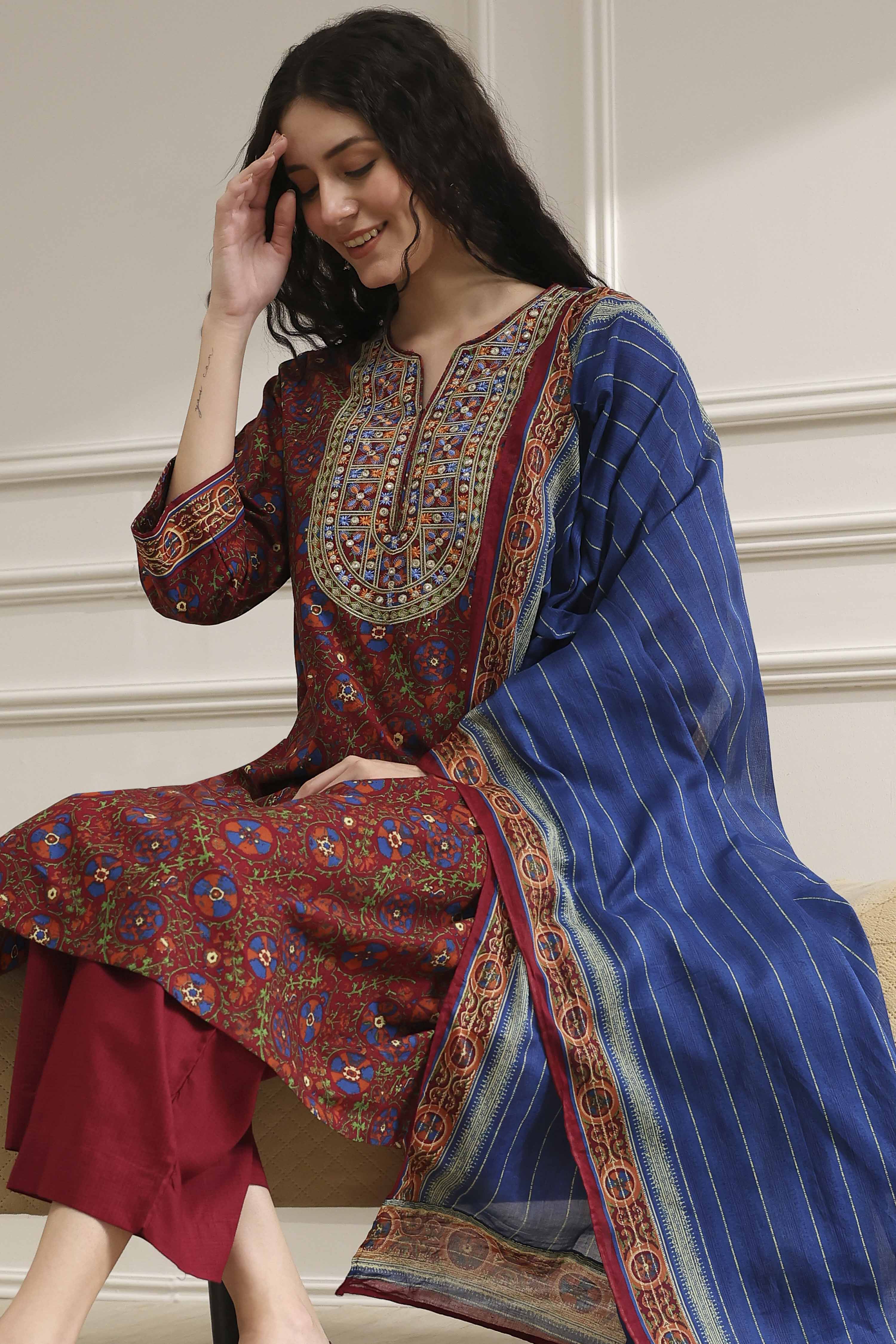 Rust and Blue Cotton Printed A-Line Suit Set image number 7