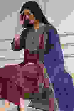 Rust and Blue Cotton Printed A-Line Suit Set image number 7