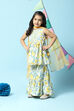 Off White & Yellow Cotton Gathered Kurta Sharara Suit Set image number 5