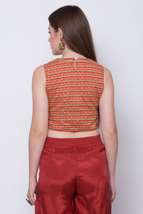 Red Metallic Cotton Crop Printed Top image number 5