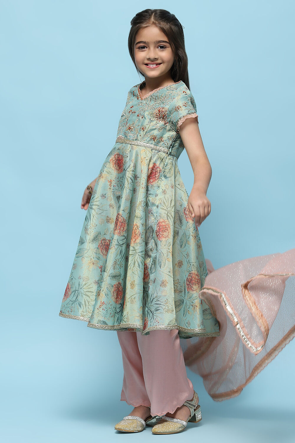  Green Cotton Tissue Anarkali With Palazzo & Net Dupatta image number 0