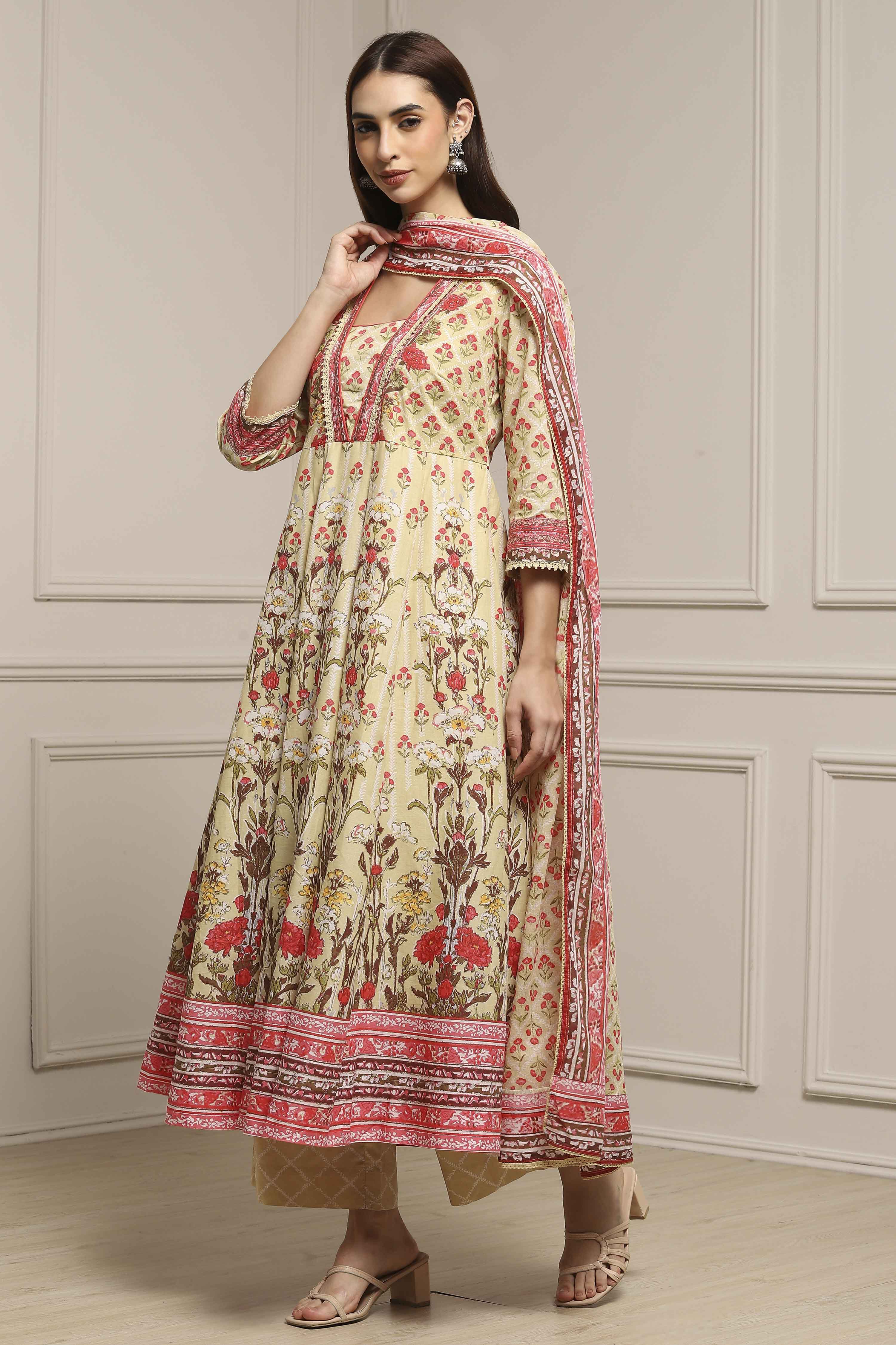 Off-White and Pink Cotton Printed Anarkali Suit Set image number 3