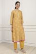 Yellow Silk Blend Printed Unstitched Suit Set image number 6