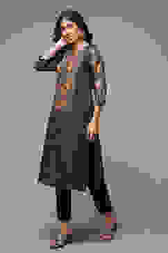 Black Cotton Straight Printed Kurta image number 3