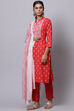 Red Cotton Unstitched Dress Material Suit Set image number 2